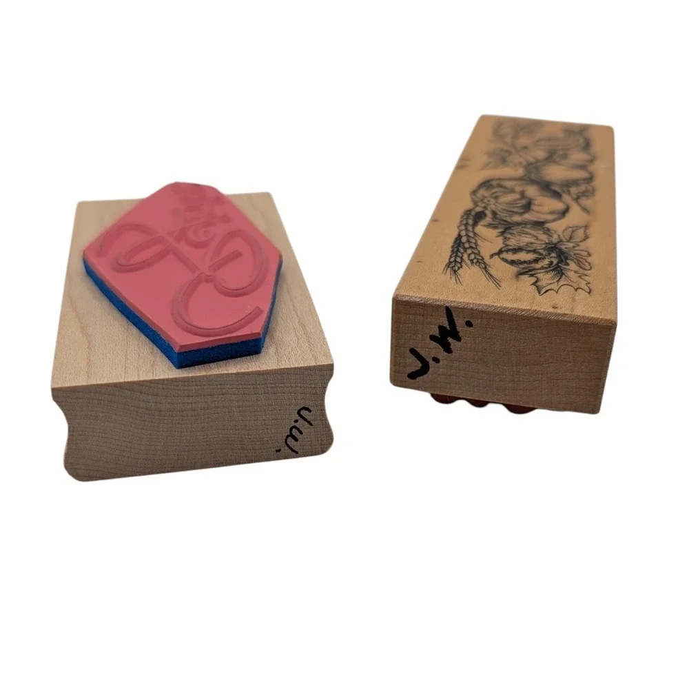 Vintage Wood Mounted Rubber Stamp Set‎ Holidays Craft Two Piece 1990s SEE